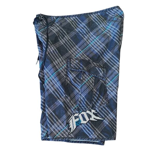 Y2K Fox Racing Riders Mens 32 Gray Blue Unlined Swim Board Shorts Pockets GUC - Picture 1 of 10
